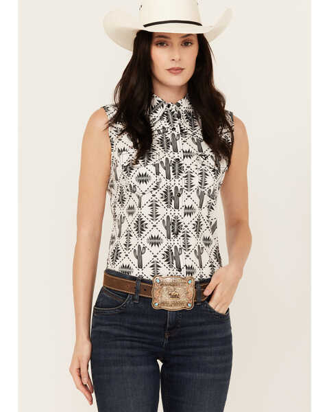 Cowgirl Hardware Women's Southwestern Print Sleeveless Snap Western Shirt , White, hi-res
