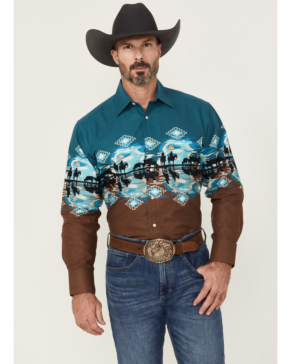 Image #1 - Panhandle Men's Cowboys Southwestern Print Border Long Sleeve Snap Western Shirt, Brown, hi-res