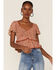 En Crème Women's Rust Floral Ditsy Peplum Ruffle Top, Rust Copper, hi-res