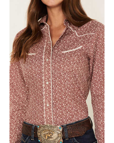 Image #3 - Roper Women's Ditsy Floral Print Long Sleeve Pearl Snap Retro Western Shirt, Red, hi-res