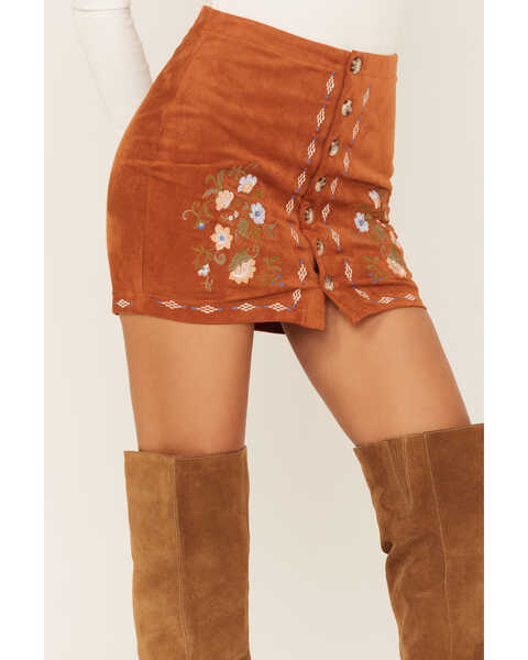 Image #2 - Shyanne Women's Faux Suede Floral Button Front Southwestern Mini Skirt, Brown, hi-res