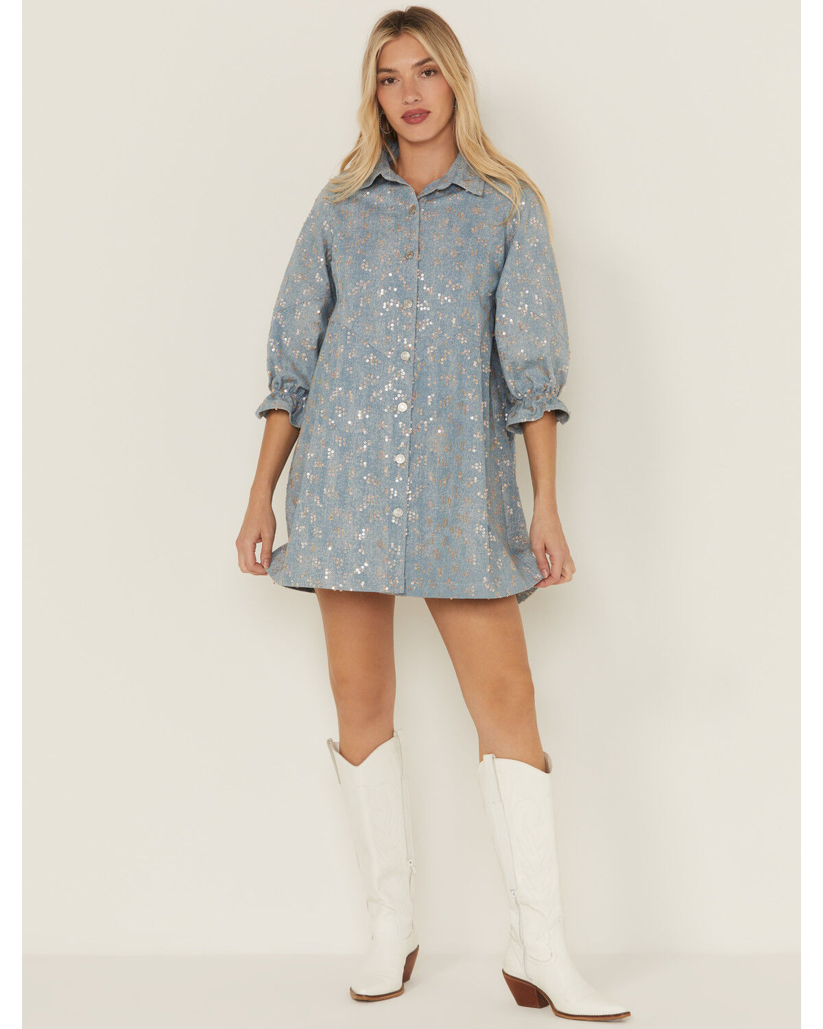 Image #1 - Blue B Women's Denim Sequins Mini Dress, Blue, hi-res