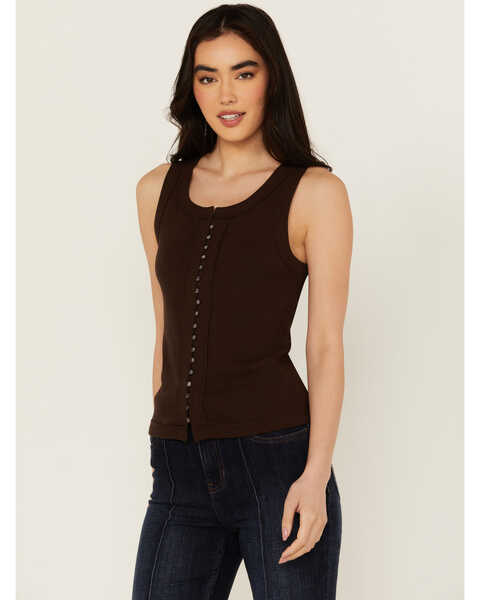 Idyllwind Women's Edna Button Front Ribbed Tank , Dark Brown, hi-res