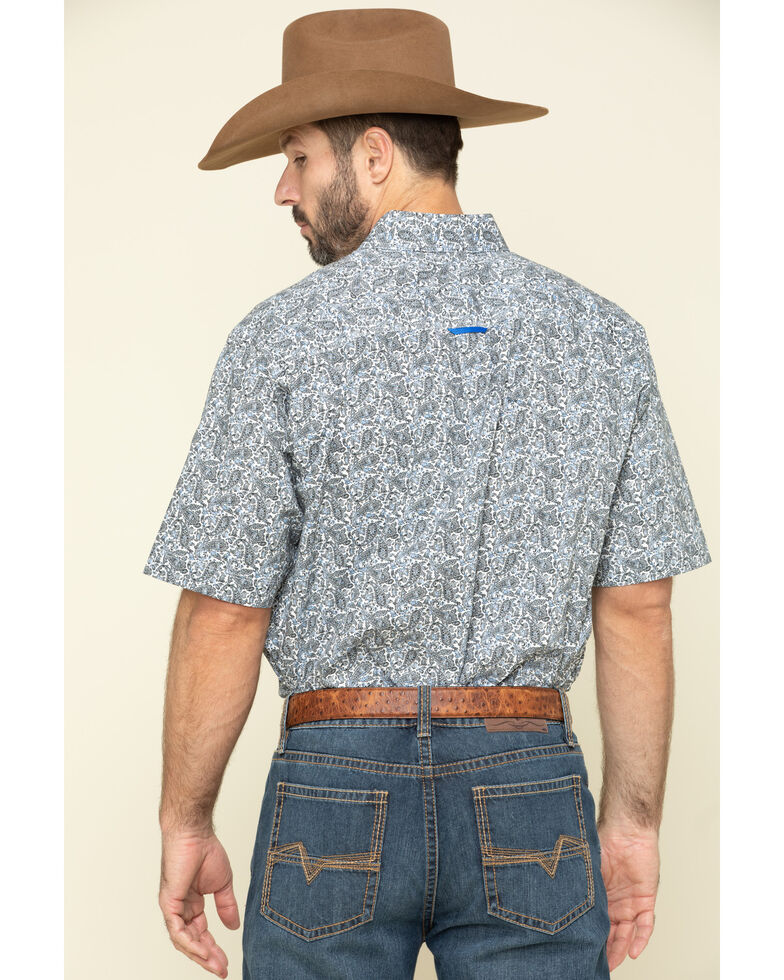 Tuf Cooper Men's Competition White Stretch Paisley Print Short Sleeve Western Shirt , Blue, hi-res