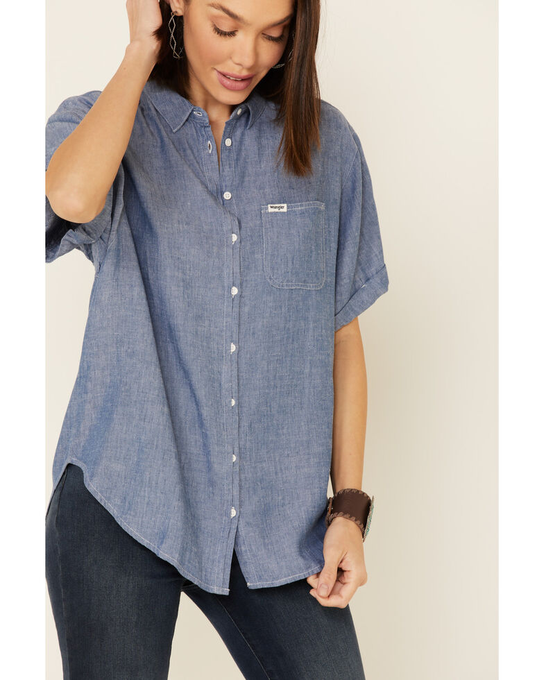 Wrangler Modern Women's Chambray Button Short Sleeve Western Shirt, Blue, hi-res