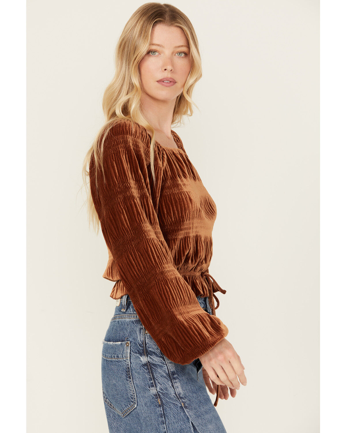 Image #3 - Rock & Roll Denim Women's Velvet Cinch Front Long Sleeve Blouse, Rust Copper, hi-res