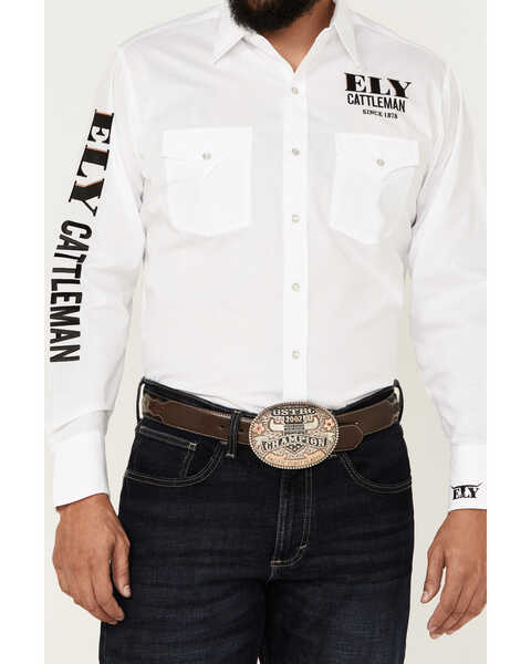 Image #3 - Ely Walker Men's Logo Embroidered Long Sleeve Pearl Snap Western Shirt, White, hi-res