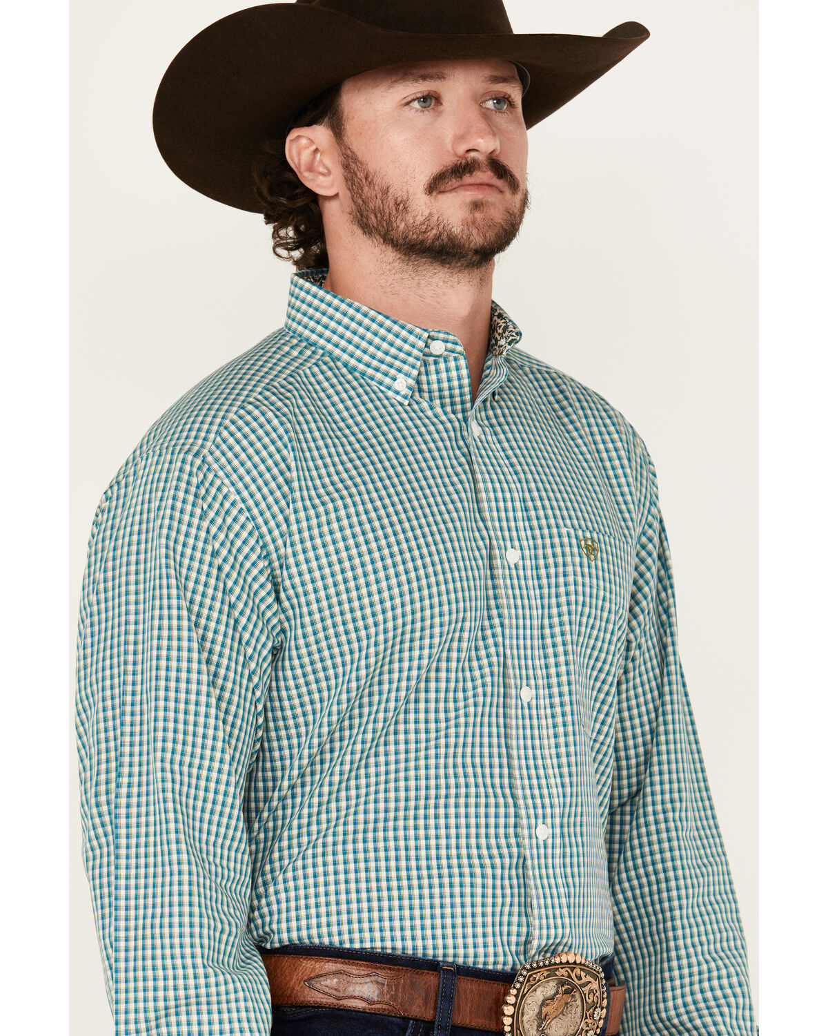 Image #2 - Ariat Men's Wrinkle Free Gus Plaid Print Long Sleeve Button-Down Western Shirt, Teal, hi-res