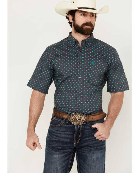 Ariat Men's Johnnie Geo Print Short Sleeve Button-Down Western Shirt , Navy, hi-res