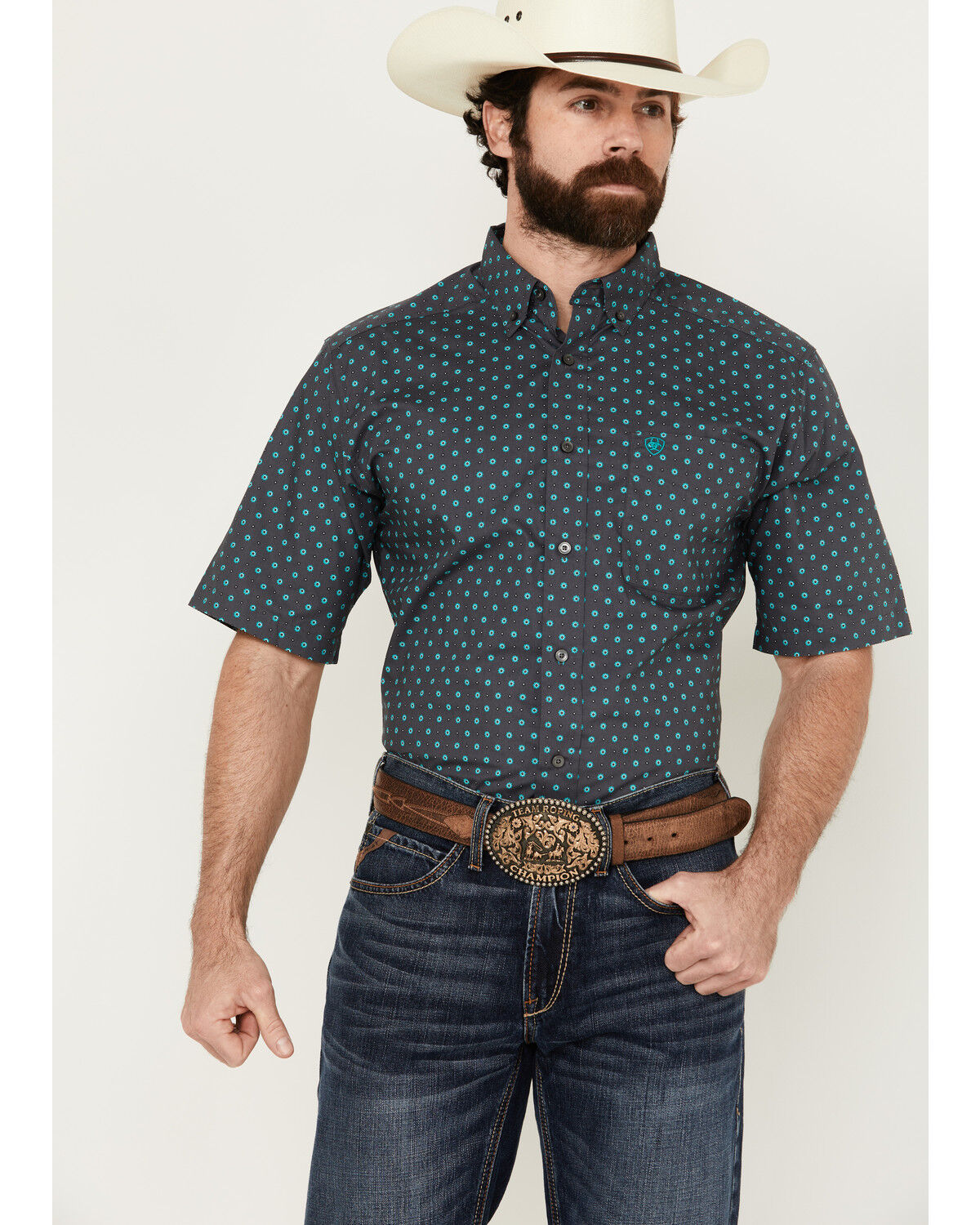 Image #1 - Ariat Men's Johnnie Geo Print Short Sleeve Button-Down Western Shirt, Navy, hi-res