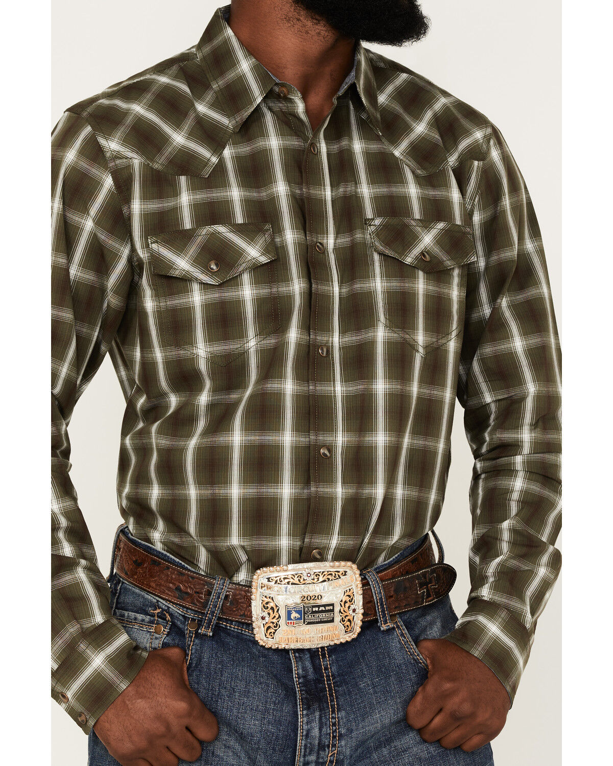 Image #3 - Cody James Men's Lost Trail Plaid Print Long Sleeve Snap Western Shirt, Olive, hi-res