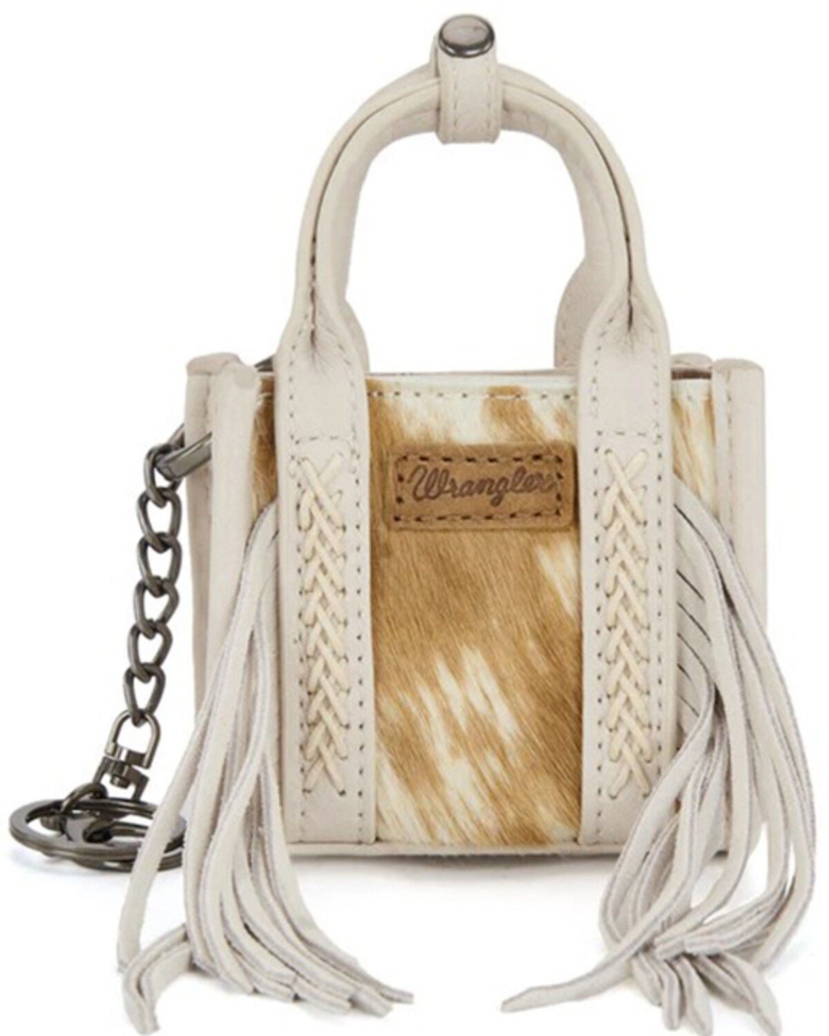Image #3 - Wrangler Cowhide Mini Fringe Tote Keychain, Beige, hi-res