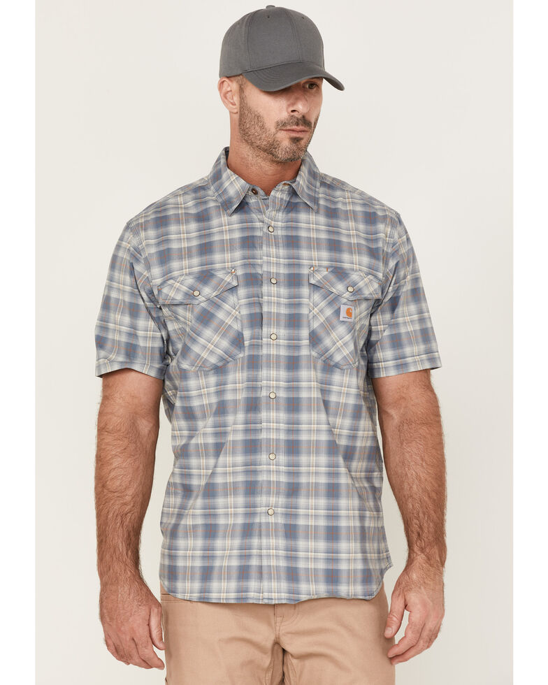 Carhartt Men's Plaid Relaxed Fit Short Sleeves Snap Front 2-Pocket Shirt , Blue, hi-res
