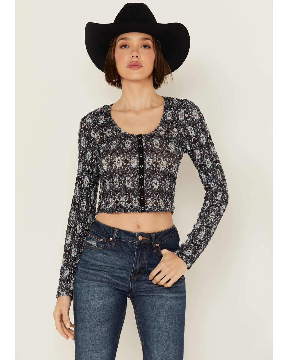 Image #1 - Beyond The Radar Women's Floral Mesh Long Sleeve Top, Black, hi-res