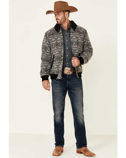 Powder River Outfitters Men's Charcoal Southwestern Print Wool Zip-Front Bomber Jacket , Charcoal, hi-res
