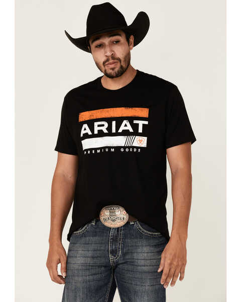 Ariat Men's Black Bar Stripe Logo Short Sleeve T-Shirt , Black, hi-res