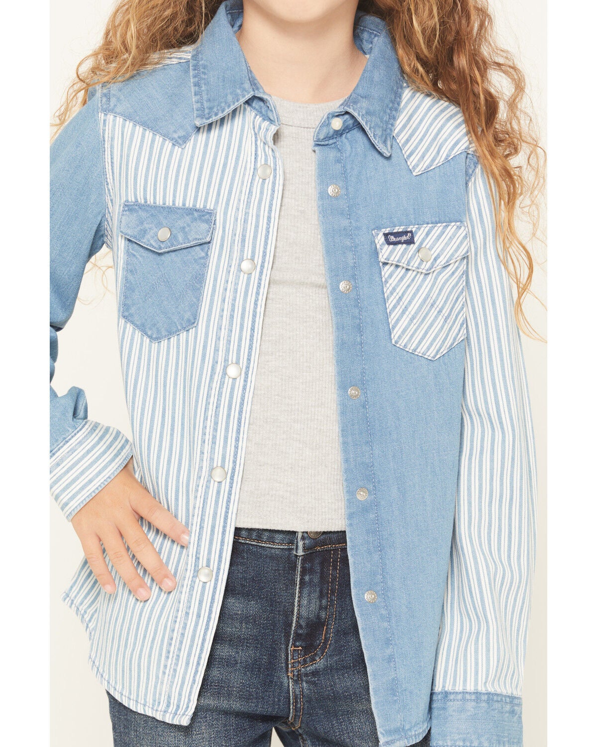 Image #3 - Wrangler Girls' Striped Denim Long Sleeve Snap Western Shirt, Blue, hi-res