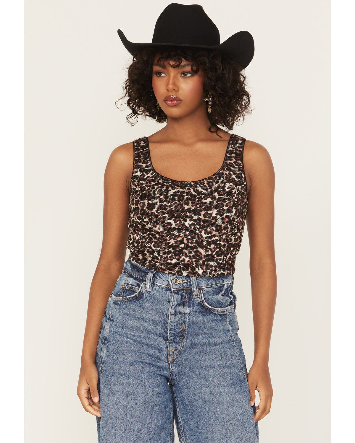 Originality Women's Lace Leopard Print Corset Top, Brown, hi-res
