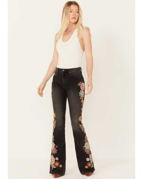 Driftwood Women's High Rise Farrah Neptune Floral Flare Jeans , Black, hi-res