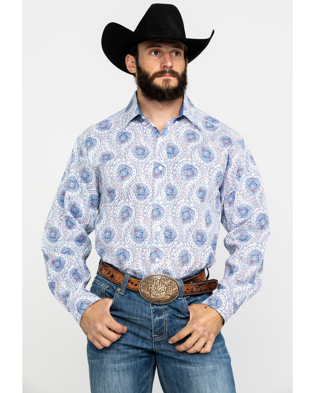 Image #1 - Tuf Cooper Men's Stretch Paisley Print Long Sleeve Western Shirt, Blue, hi-res