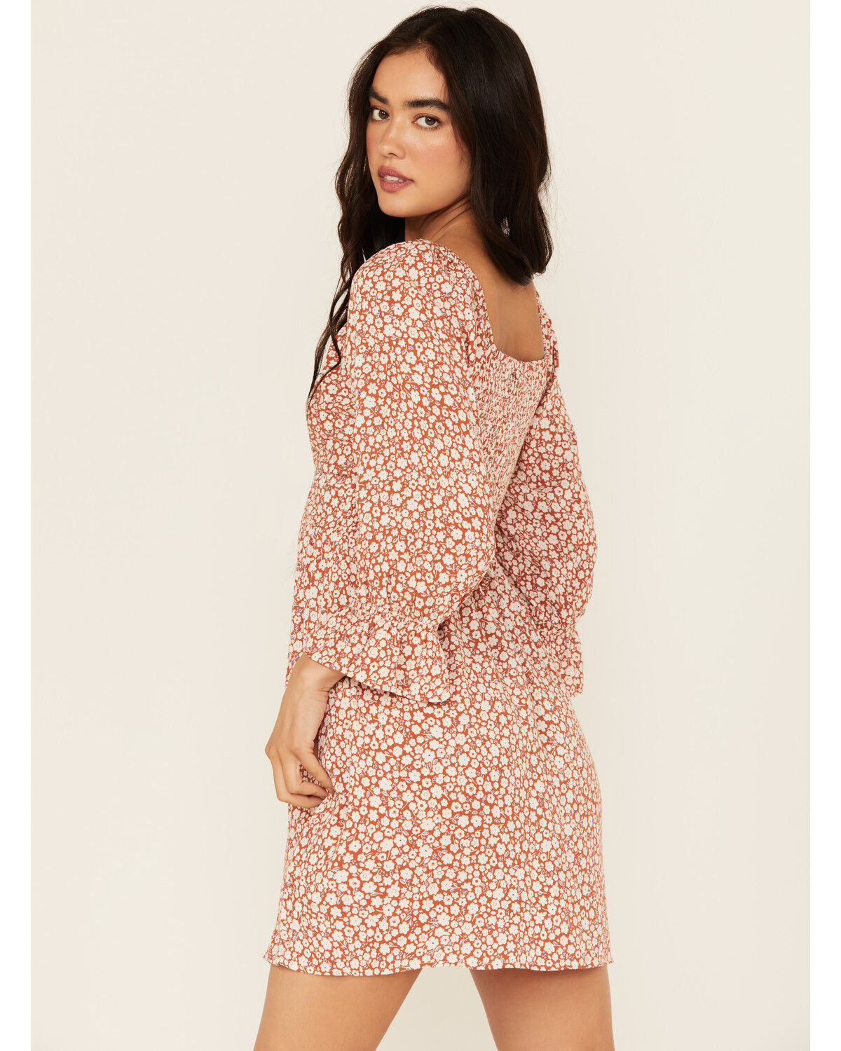 Image #4 - Angie Women's Floral Print Knot Front Mini Dress, Rust Copper, hi-res