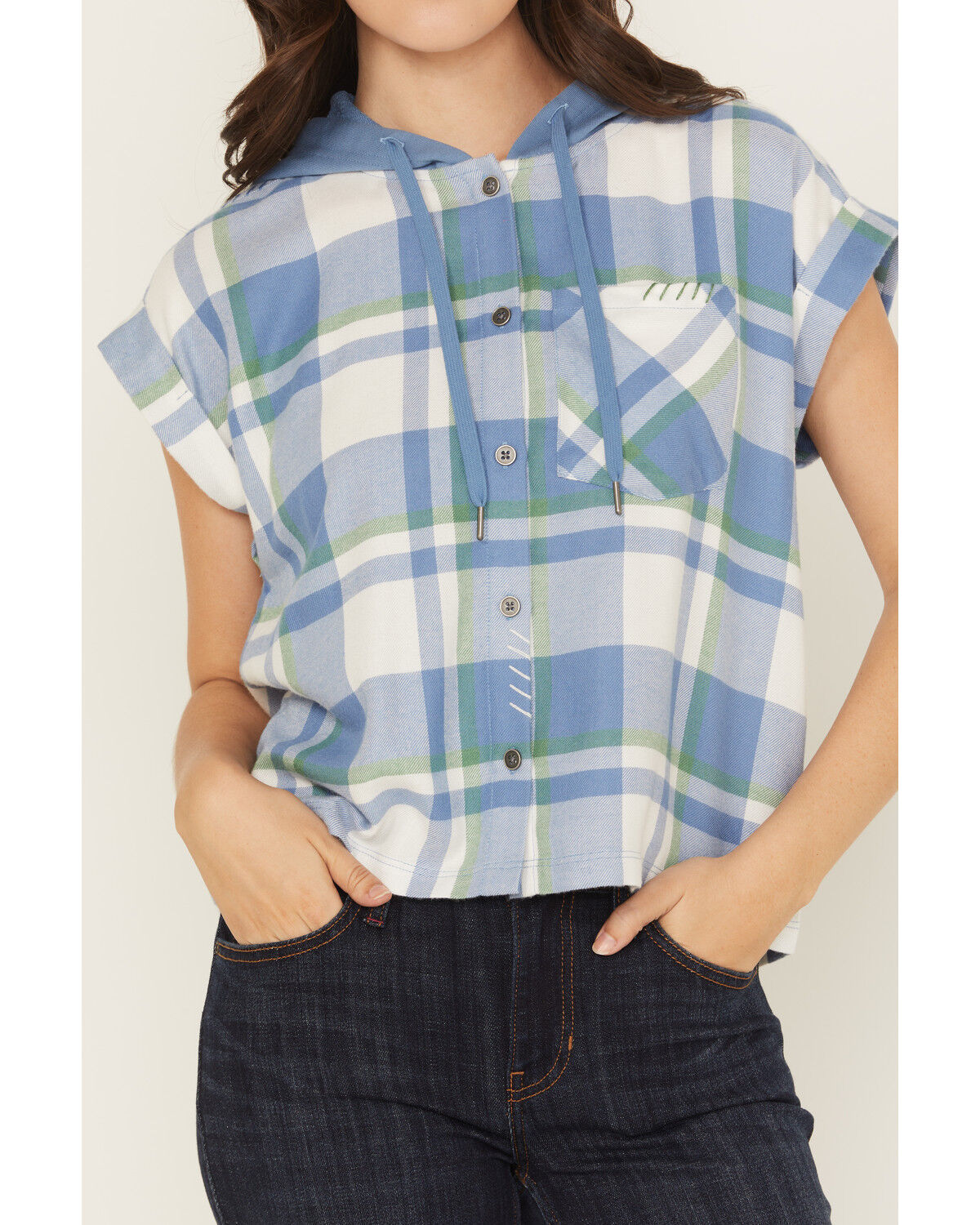 Image #3 - Cleo + Wolf Women's Electra Plaid Print Short Sleeve Button-Down Hooded Shirt, Steel Blue, hi-res