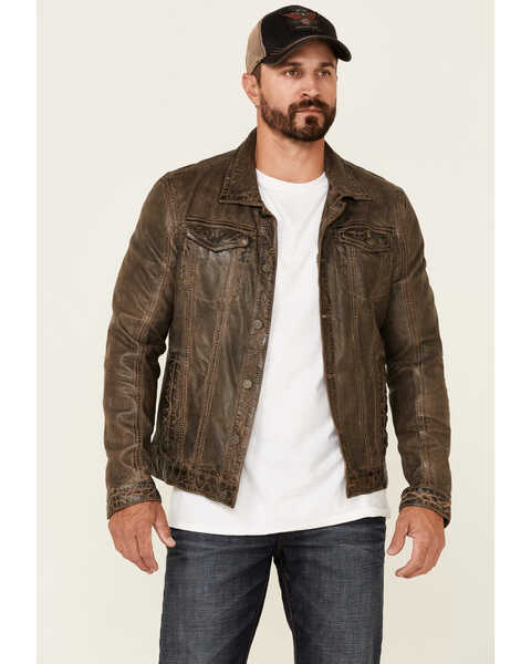 Mauritius Leather Men's Geoff Zip-Front Distressed Trucker Leather Jacket , Brown, hi-res