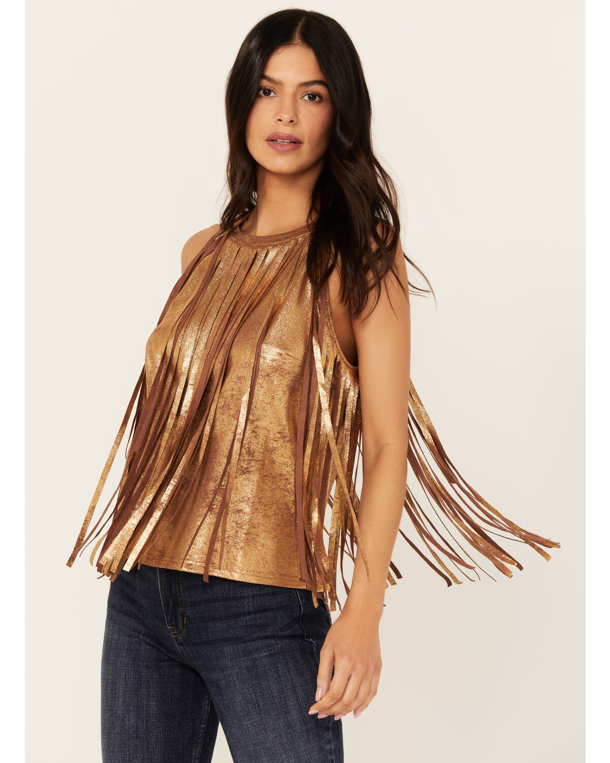Image #1 - Idyllwind Women's Prescott Foiled Faux Suede Fringe Tank, Brown, hi-res