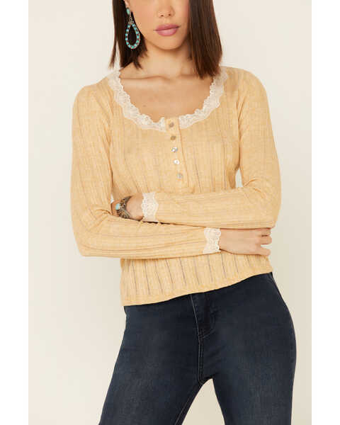 Image #3 - Wild Moss Women's Ribbed Knit Henley Lace Long Sleeve Top , Yellow, hi-res