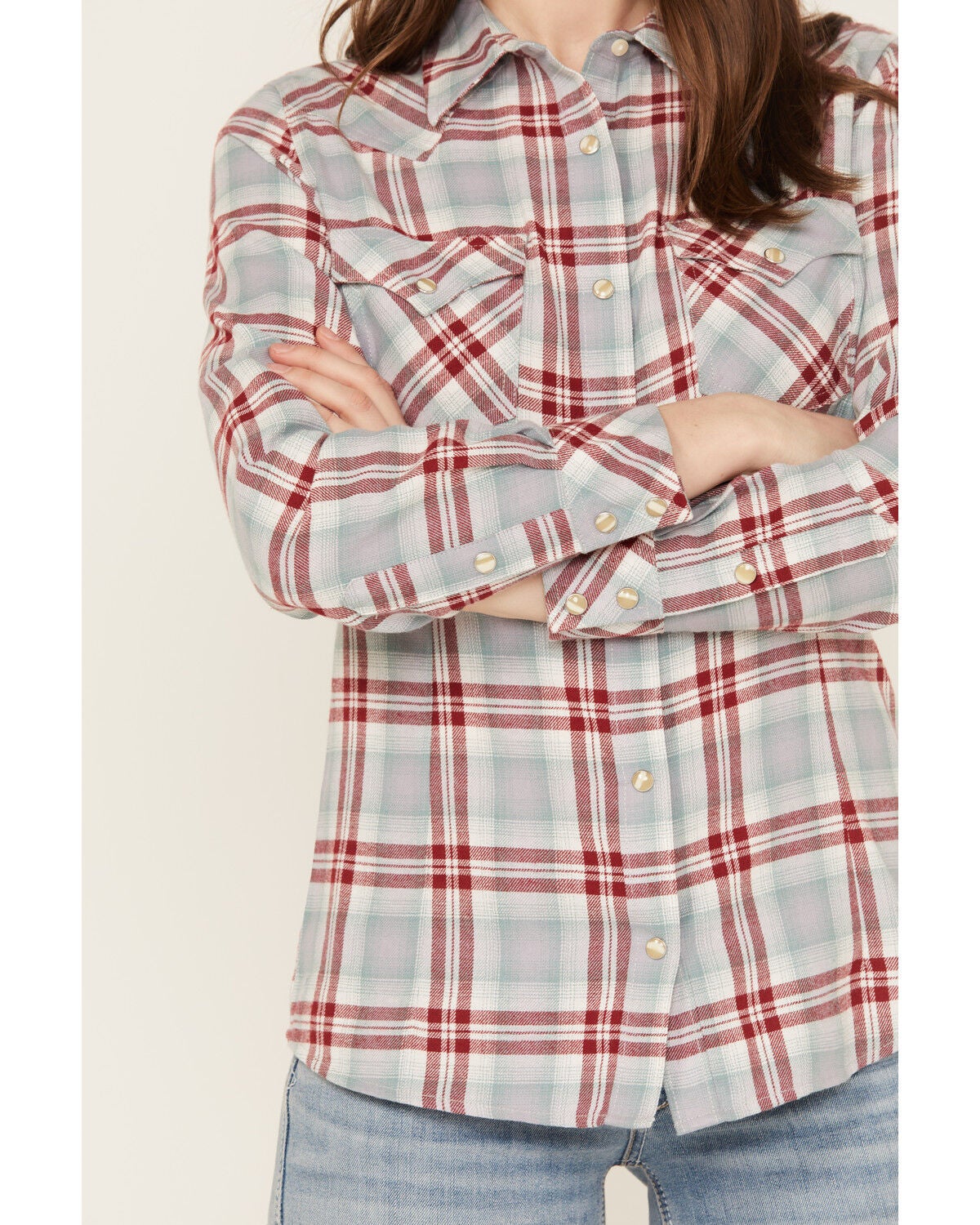 Image #3 - Wrangler Retro Women's Boot Barn Exclusive Long Sleeve Snap Western Flannel Shirt, Steel Blue, hi-res