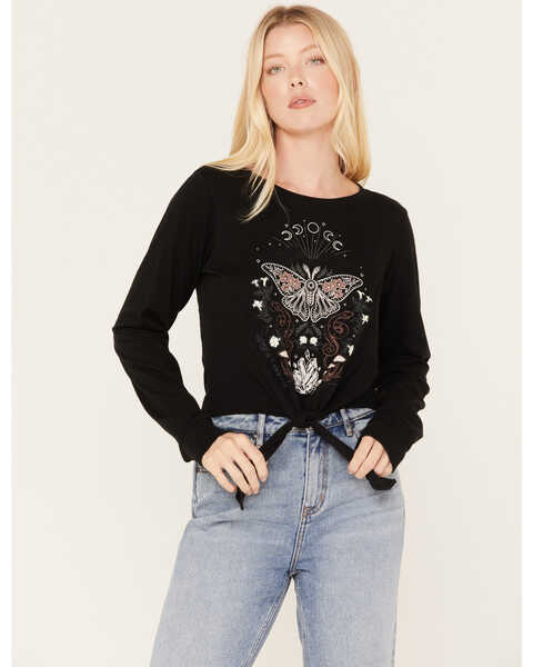 Image #1 - Shyanne Women's Tie Front Butterfly Graphic Long Sleeve Tee, Black, hi-res
