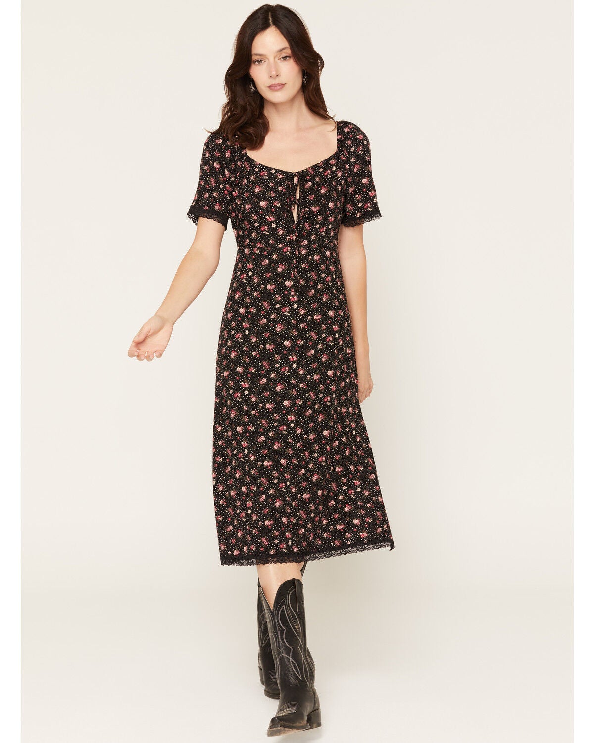 Image #1 - Idyllwind Women's Merion Floral Print Tie Front Midi Dress, Black, hi-res