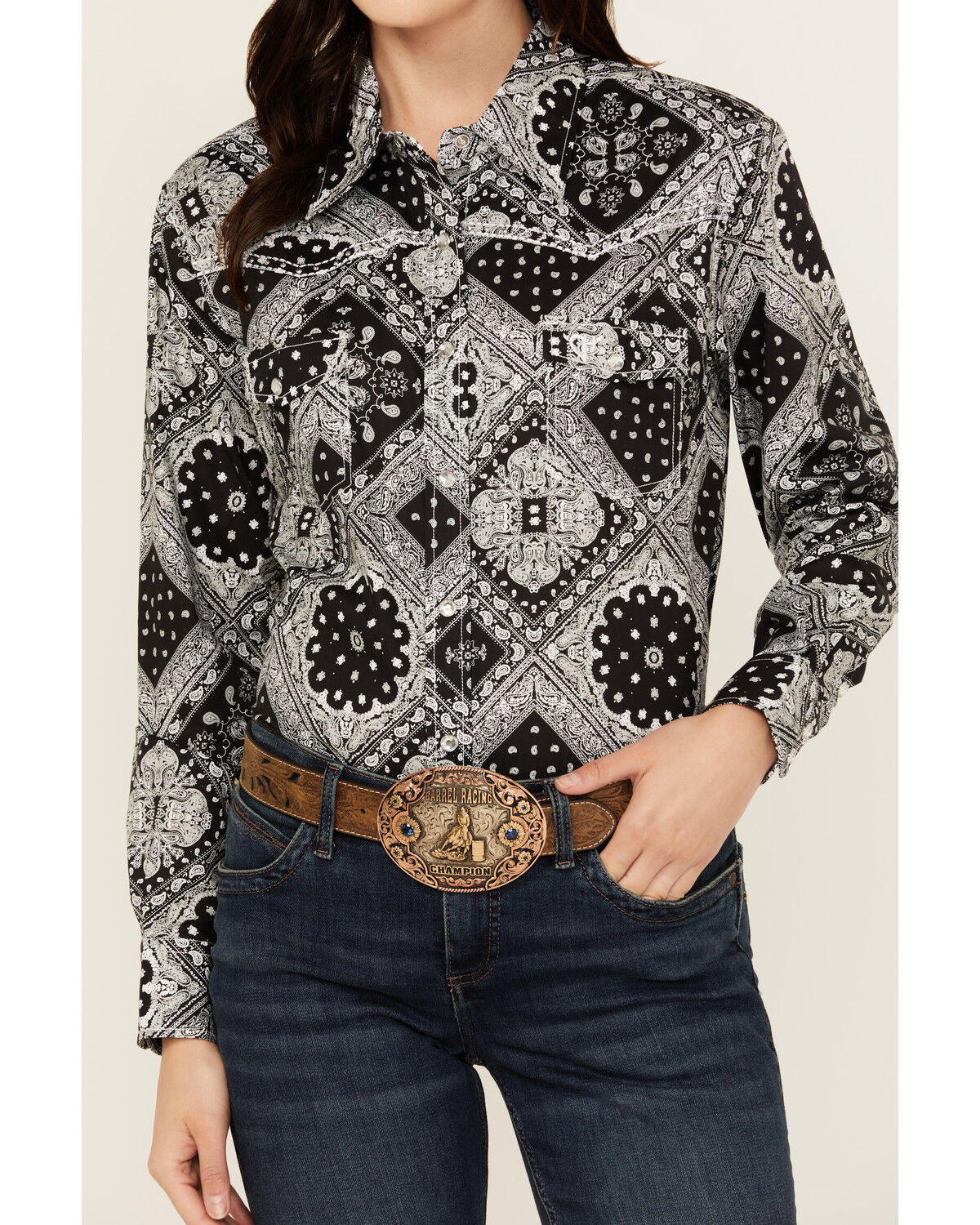 Image #3 - Cowgirl Hardware Women's Bandana Print Long Sleeve Snap Western Shirt, Black, hi-res