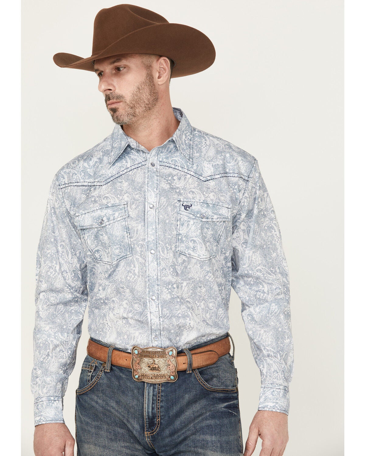 Image #1 - Cowboy Hardware Men's Paisley Print Long Sleeve Snap Stretch Western Shirt, Blue, hi-res