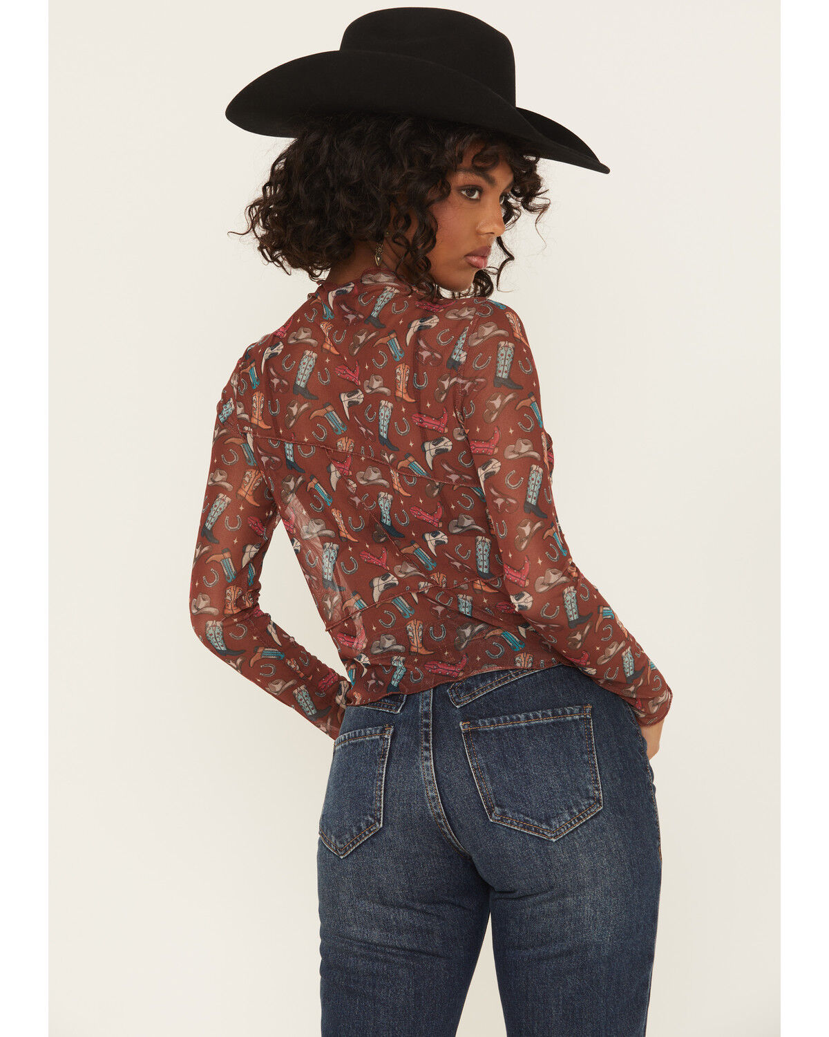 Image #4 - Rock & Roll Denim Women's Cowboy Boot Mesh Long Sleeve Shirt, Wine, hi-res