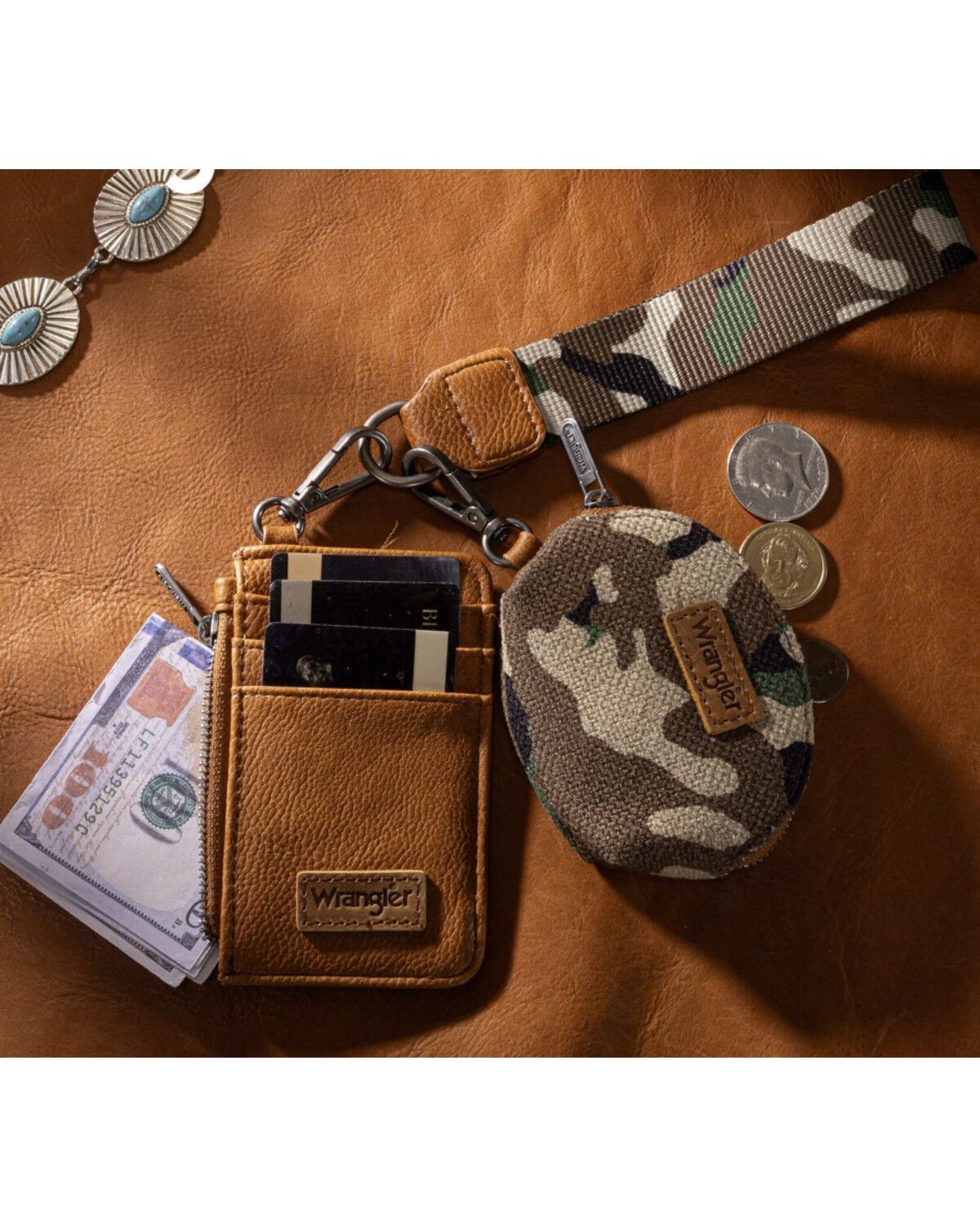 Image #2 - Wrangler Women's Camo Print Dual Pouch Wristlet, Green, hi-res
