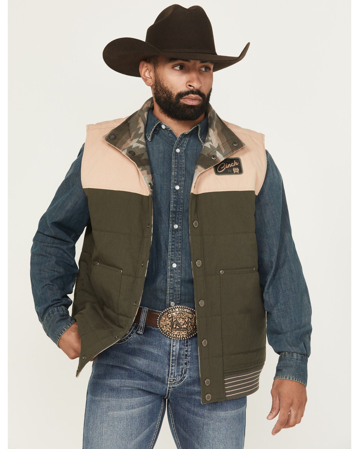 Cinch Men's Reversible Snap Vest, Olive, hi-res
