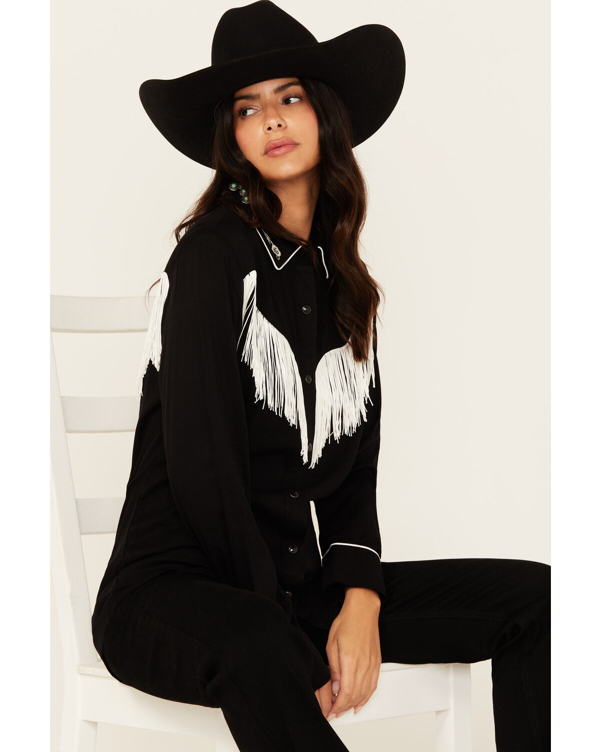 Image #1 - Wrangler Women's Fringe Long Sleeve Snap Western Shirt, Black, hi-res