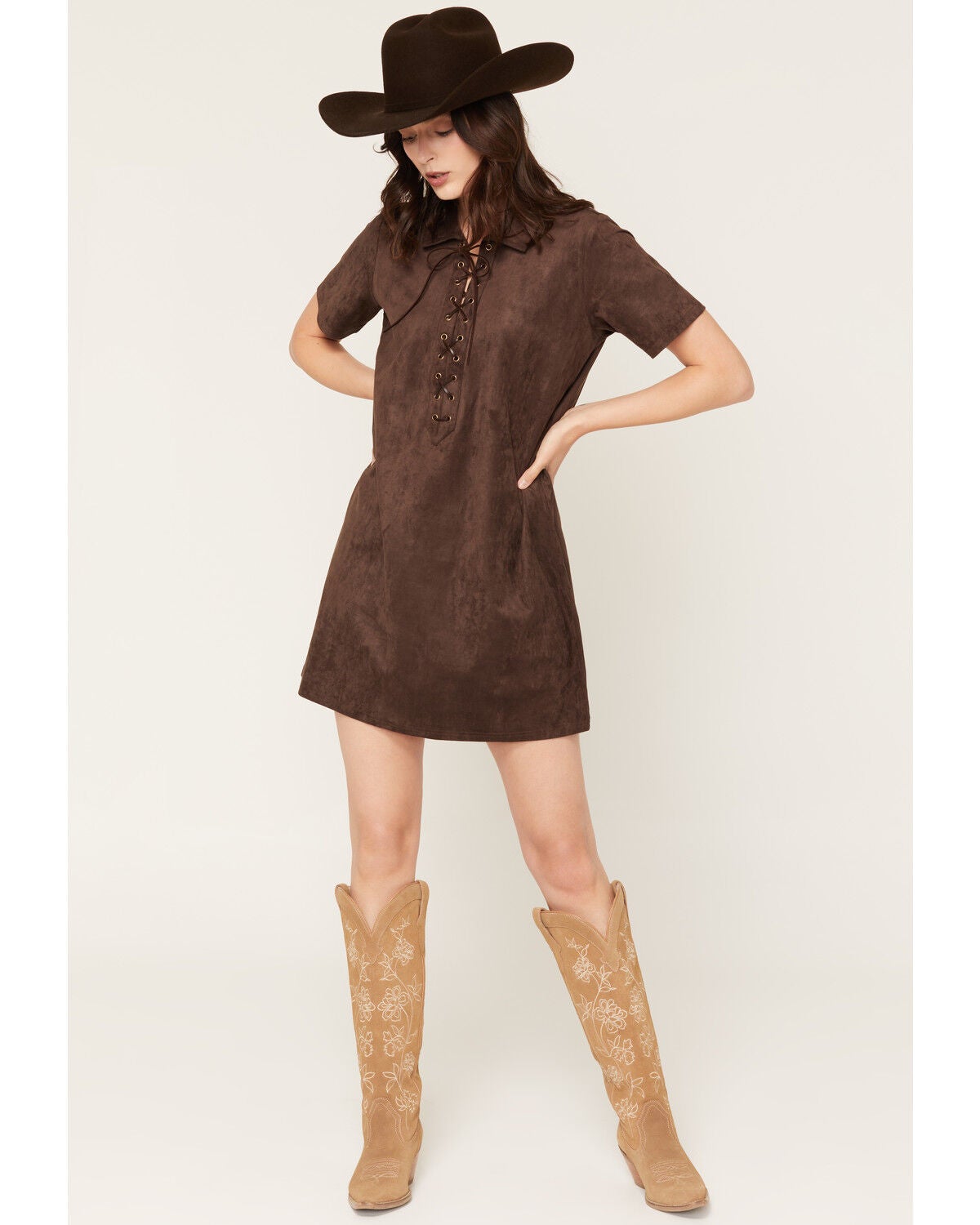 Image #1 - Shyanne Women's Carina Faux Suede Lace-Up Mini Dress, Dark Brown, hi-res