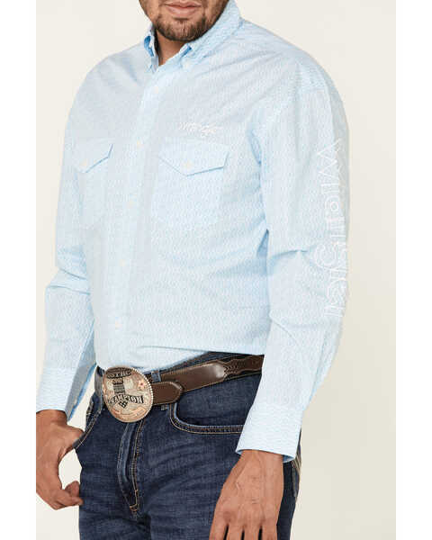 Image #3 - Wrangler Men's Geo Print Logo Long Sleeve Western Shirt , Blue, hi-res