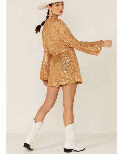 Image #3 - Free People Women's Christa Sequin Long Sleeve Romper, Gold, hi-res