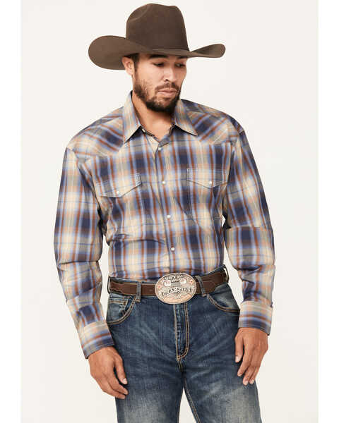 Roper Men's Amarillo Plaid Print Long Sleeve Western Pearl Snap Shirt, Navy, hi-res