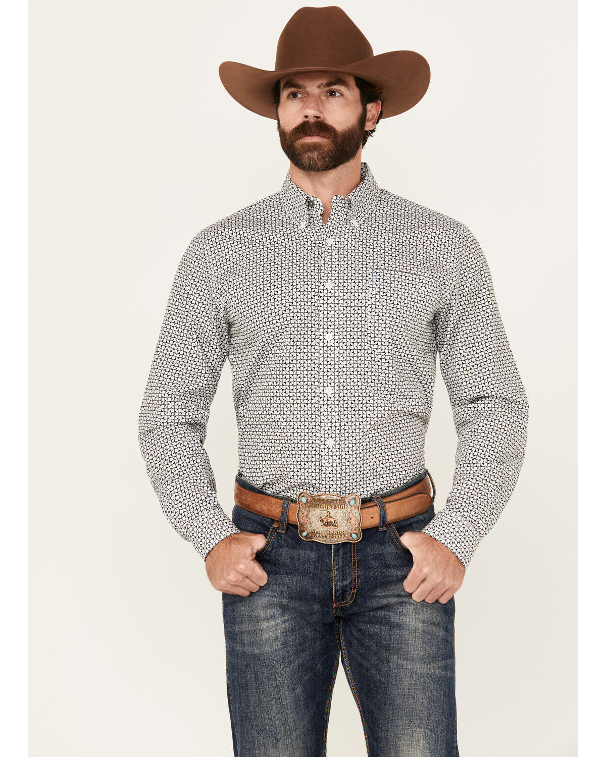 Image #1 - Cinch Men's Geo Print Long Sleeve Button-Down Western Shirt, White, hi-res
