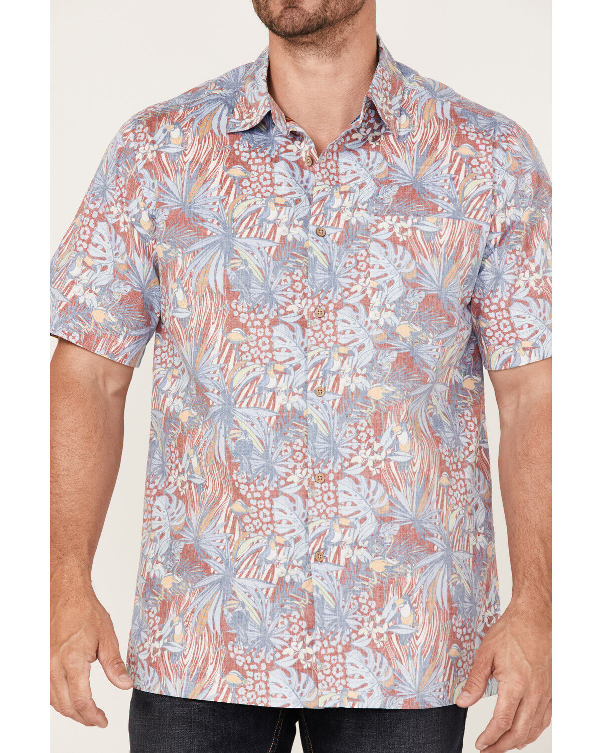 Image #3 - Scully Men's Birds Of Paradise Floral Print Short Sleeve Button Down Western Shirt, Red, hi-res