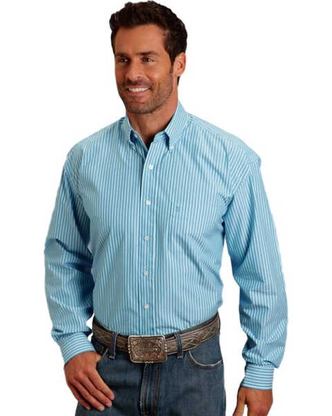 Image #1 - Stetson Men's Striped Long Sleeve Button Down Western Shirt, Blue, hi-res