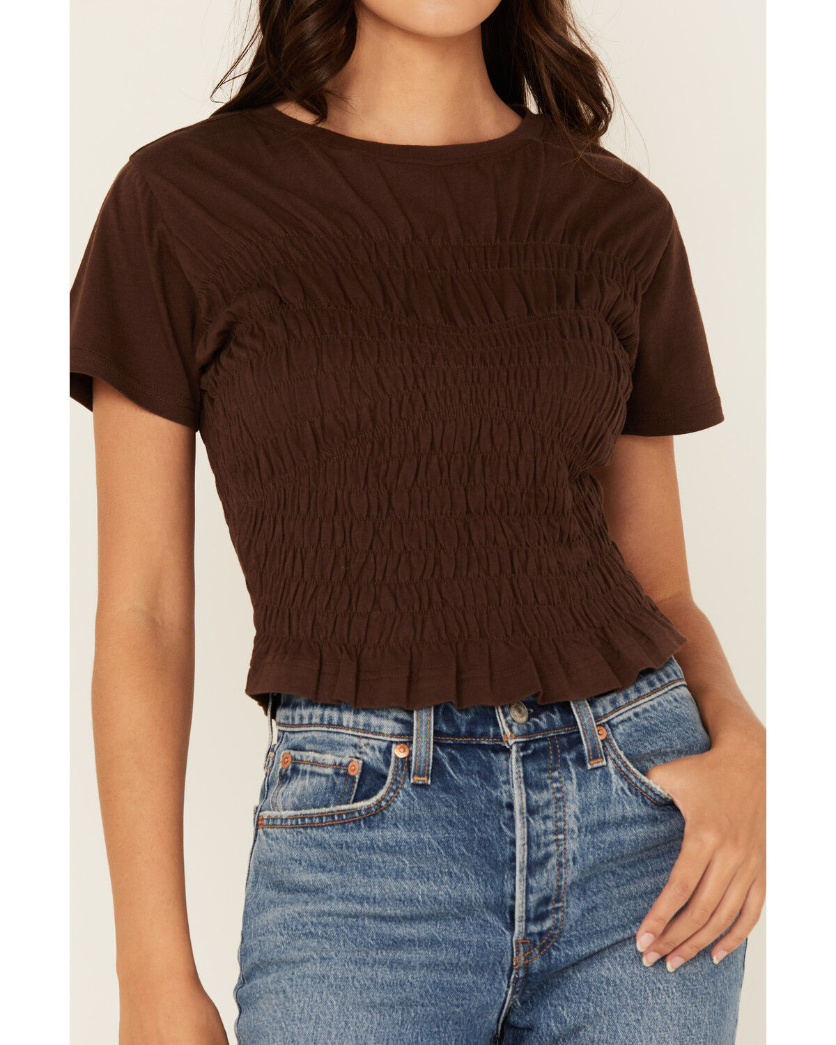 Image #3 - Cleo + Wolf Women's Shirred Short Sleeve Shirt, Brown, hi-res