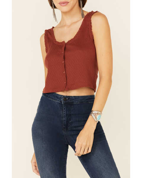 Eyeshadow Women's Ribbed Button Down Crop Tank Top , Rust Copper, hi-res