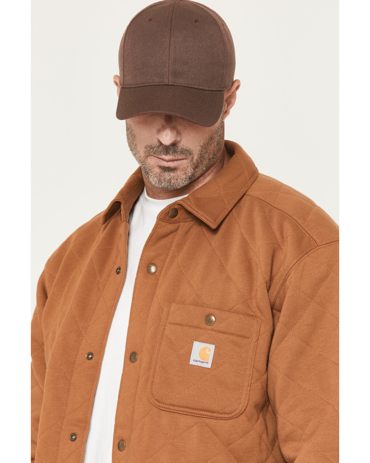 Image #2 - Carhartt Men's Rain Defender&reg; Loose Fit Heavyweight Quilted Snap Front Shirt Jacket, Brown, hi-res