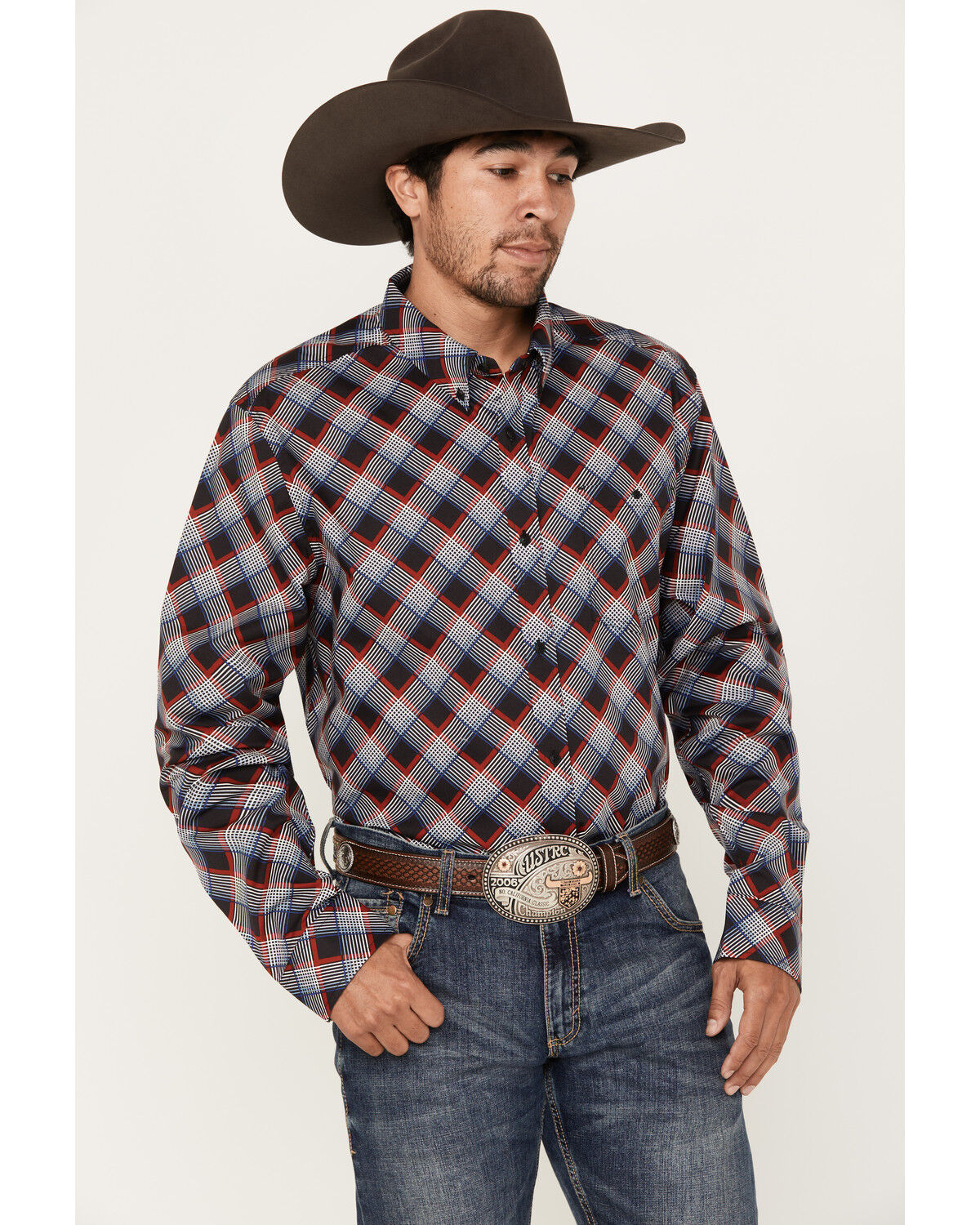 Image #1 - RANK 45® Men's Saddle Abstract Plaid Print Long Sleeve Button-Down Western Shirt, Red, hi-res