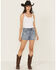 Image #1 - Shyanne Women's Novelty Western Studded Medium Wash High Rise Stretch Denim Shorts, Medium Wash, hi-res